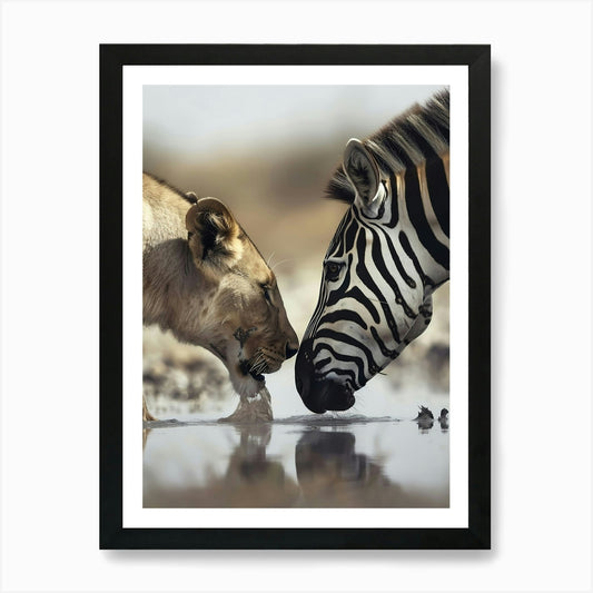 Zebra And Lion Art Print Framed Wall Art Poster Canvas Print Picture