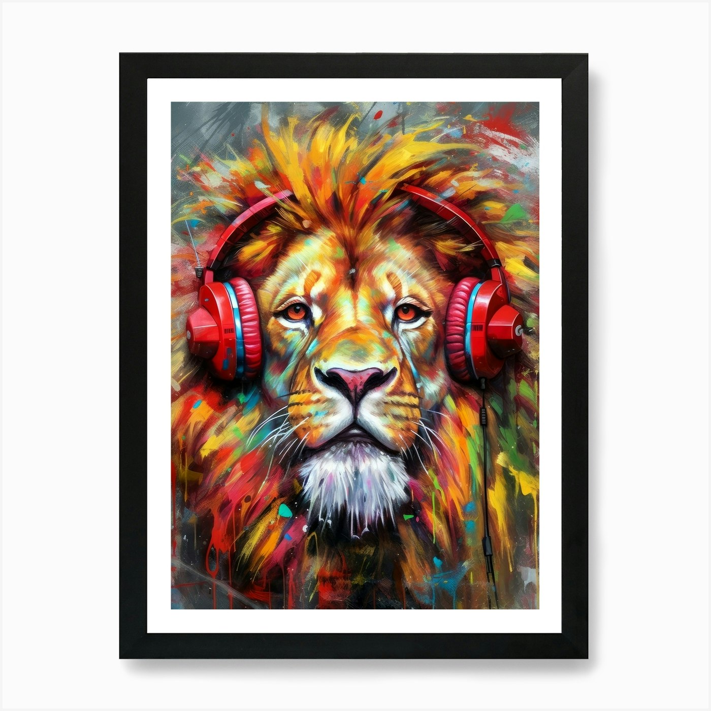 Lion With Headphones animal Art Pri Framed Wall Art Poster Canvas Print Picture