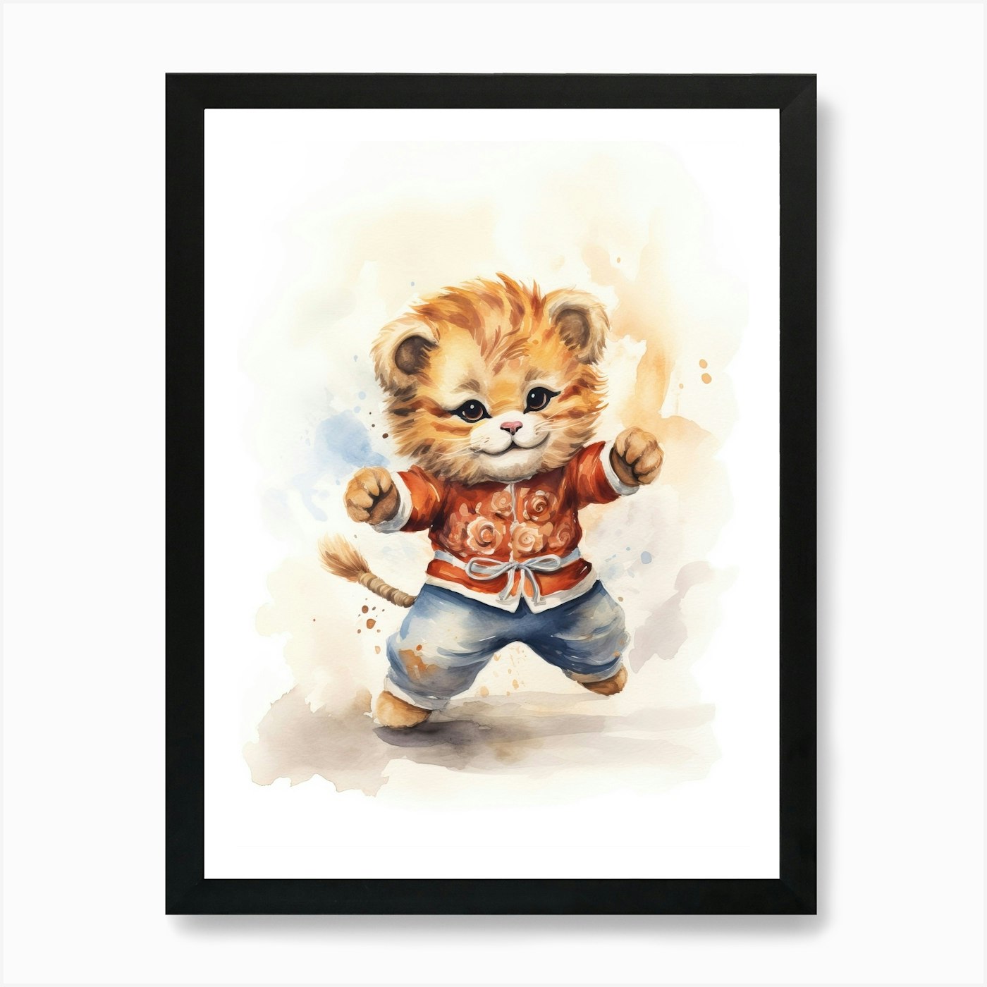 Dancing Watercolour Lion Art Painti Framed Wall Art Poster Canvas Print Picture