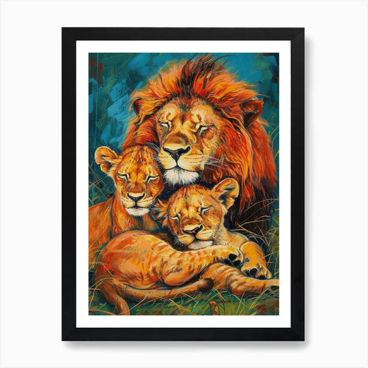 Masai Lion Family Bonding Fauvist P Framed Wall Art Poster Canvas Print Picture