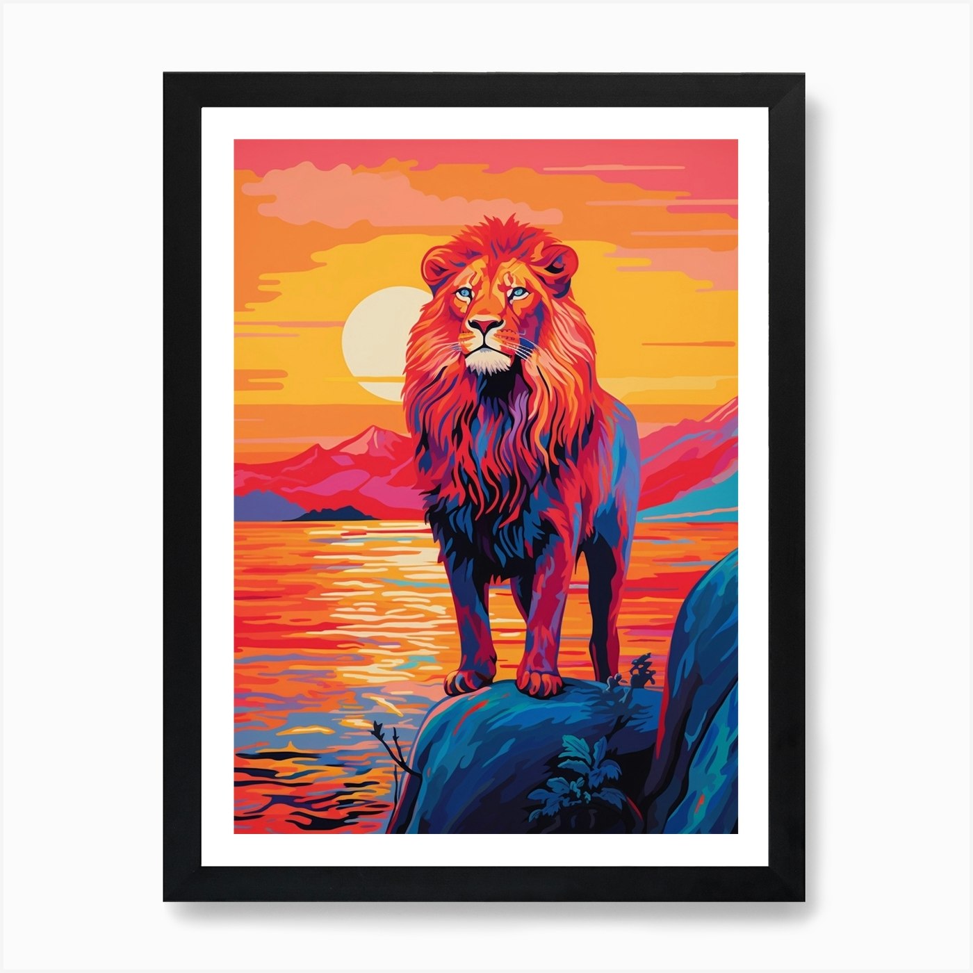 Vivid Bright Lion In The Sunset 1 A Framed Wall Art Poster Canvas Print Picture