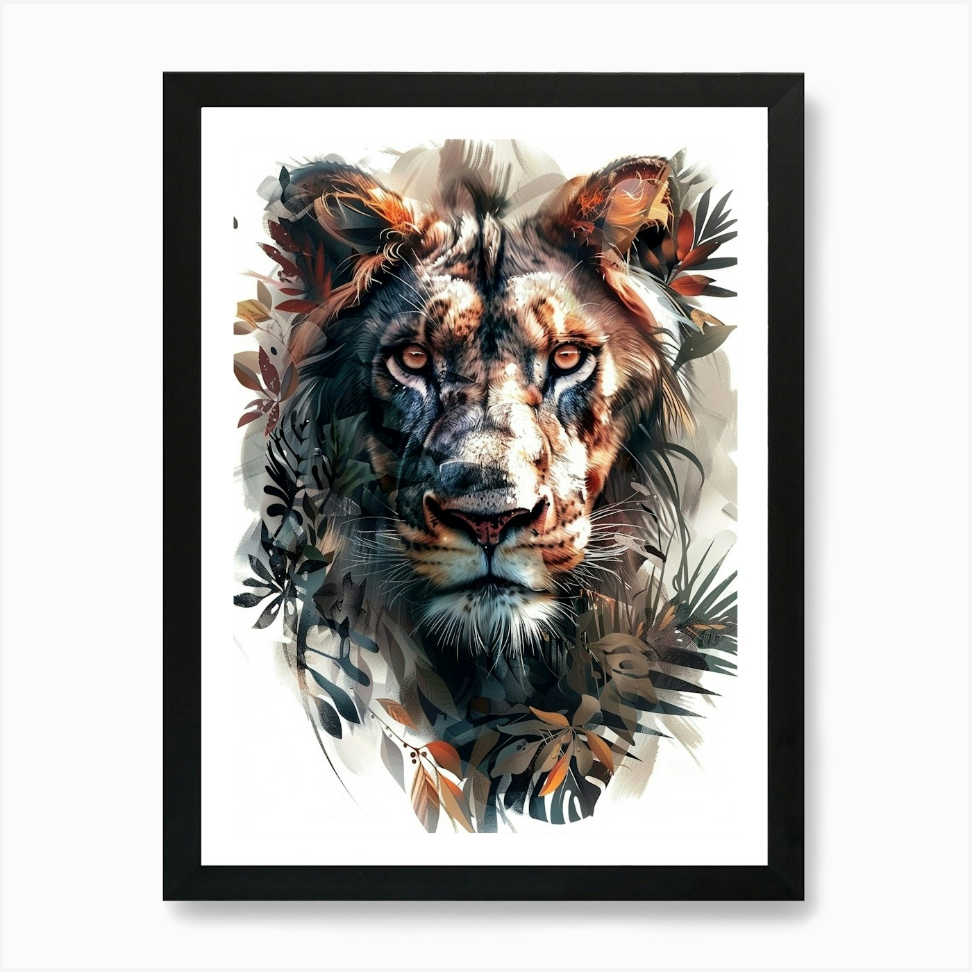 Double Exposure Realistic Lion With Framed Wall Art Poster Canvas Print Picture