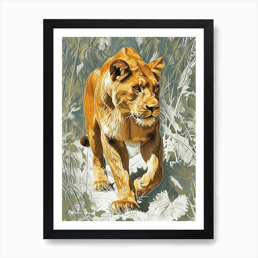 African Lion Relief Illustration Li Framed Wall Art Poster Canvas Print Picture