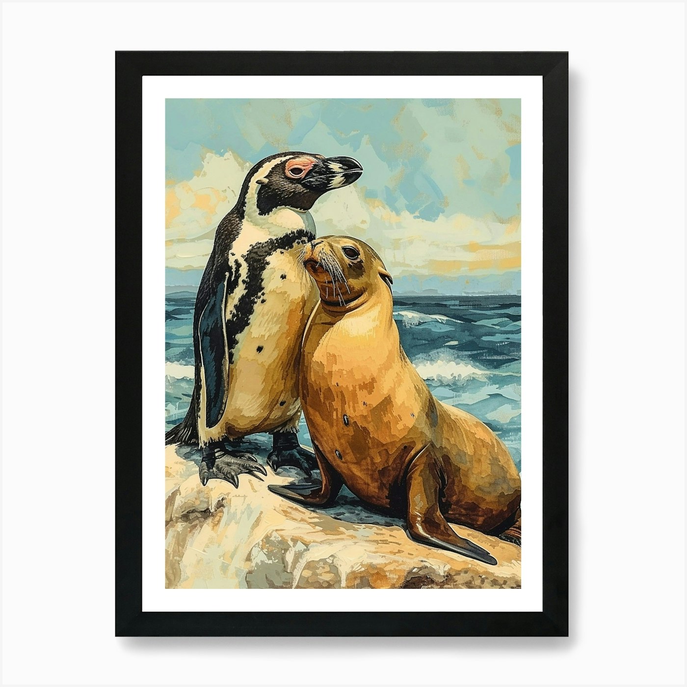 Galapagos Penguin Sea Lion Island C Framed Wall Art Poster Canvas Print Picture