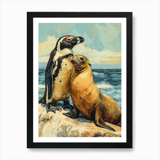 Galapagos Penguin Sea Lion Island C Framed Wall Art Poster Canvas Print Picture