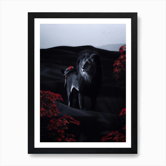 Black Lion And Parrot In Dak Desert Framed Wall Art Poster Canvas Print Picture