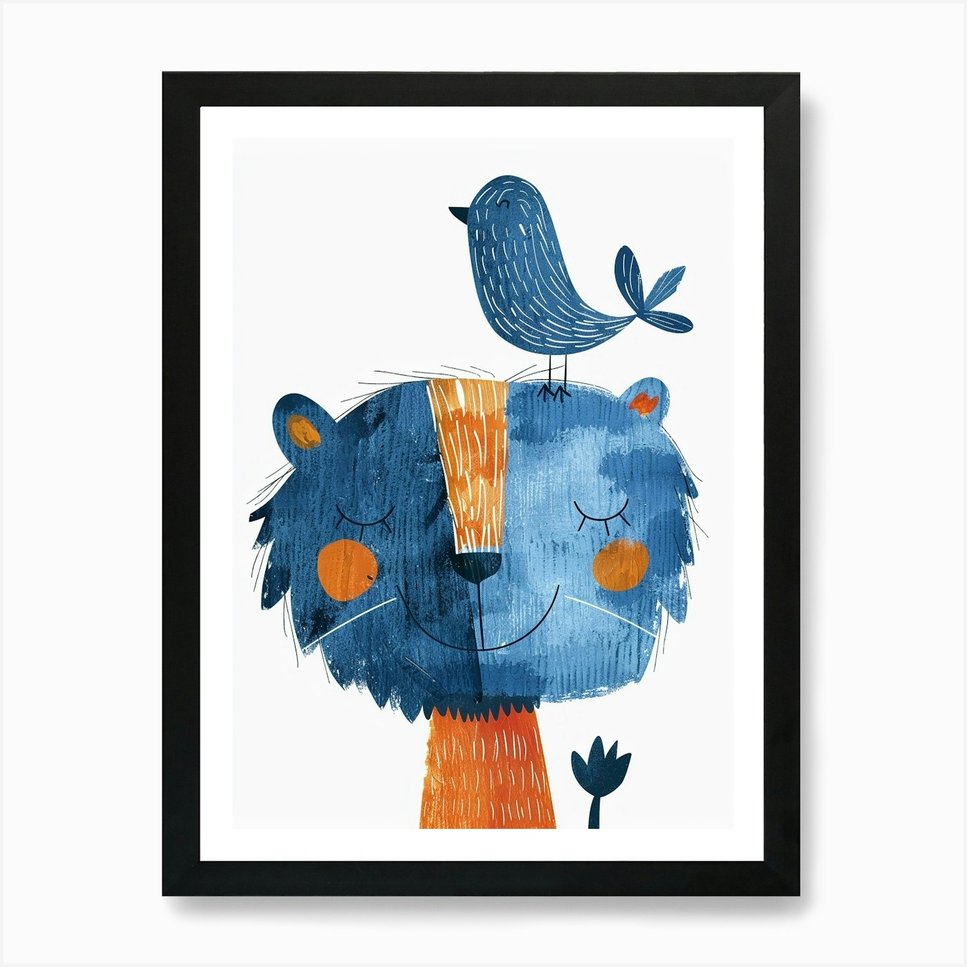 Small Joyful Lion With A Bird On It Framed Wall Art Poster Canvas Print Picture
