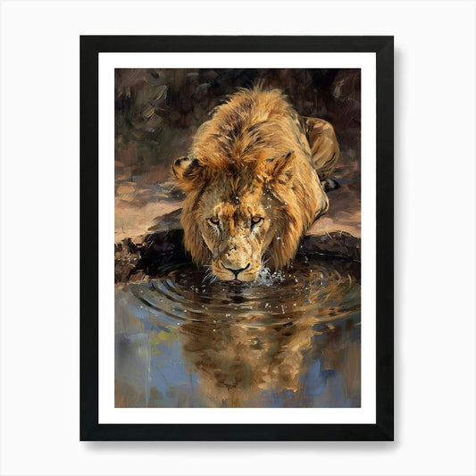 African Lion Drinking From A Wateri Framed Wall Art Poster Canvas Print Picture