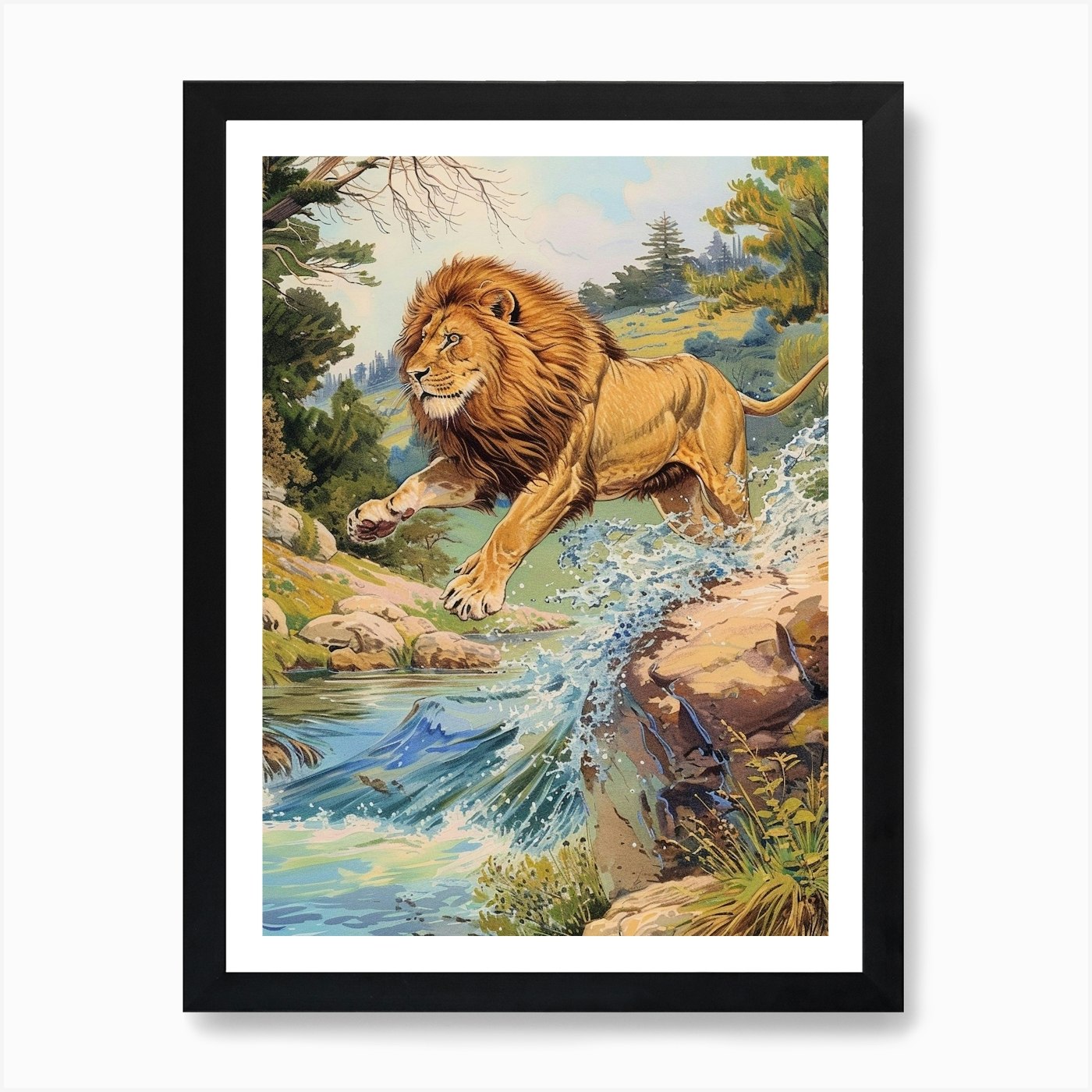 Barbary Lion Crossing A River Illus Framed Wall Art Poster Canvas Print Picture