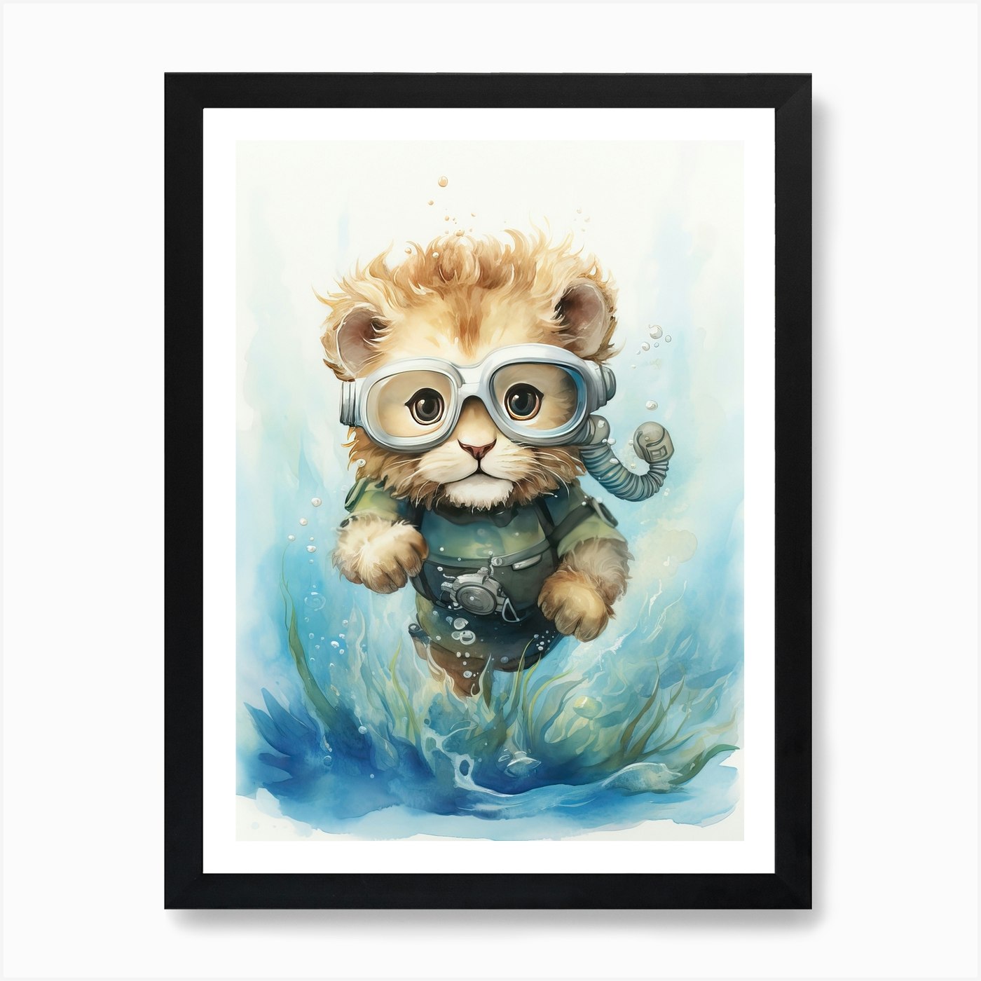 Scuba Diving Watercolour Lion Art P Framed Wall Art Poster Canvas Print Picture