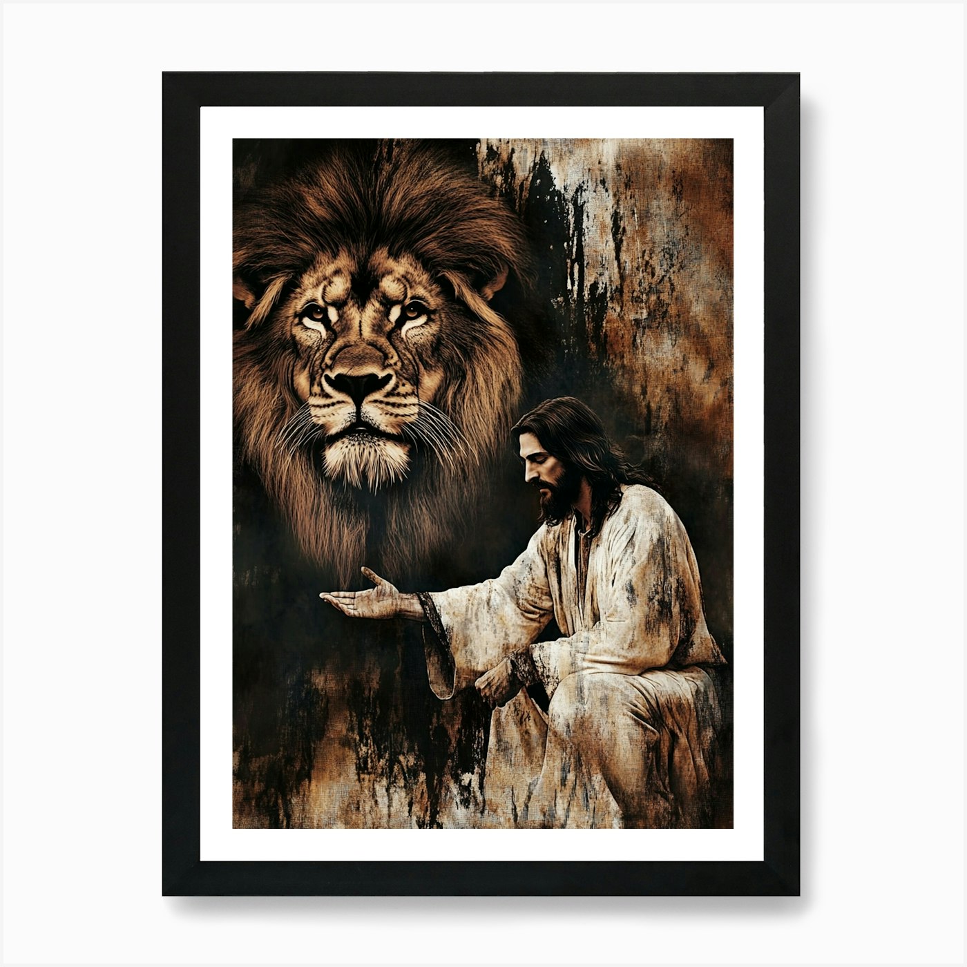 Jesus And The Lion Art Print Framed Wall Art Poster Canvas Print Picture