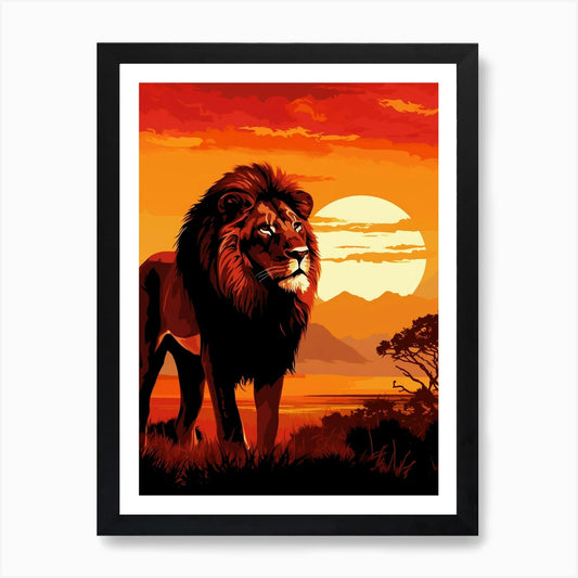 African Lion Sunset Painting 3 Art  Framed Wall Art Poster Canvas Print Picture