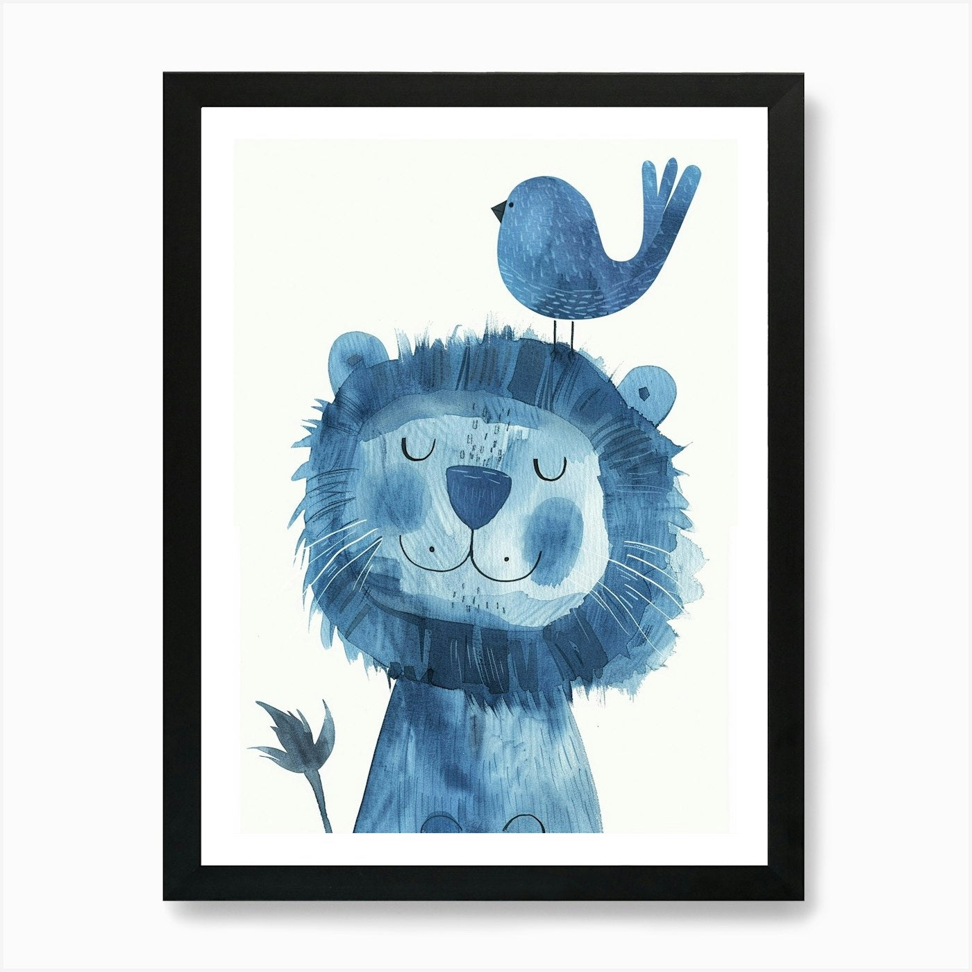 Small Joyful Lion With A Bird On It Framed Wall Art Poster Canvas Print Picture