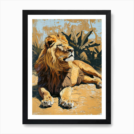 African Lion Relief Illustration Re Framed Wall Art Poster Canvas Print Picture