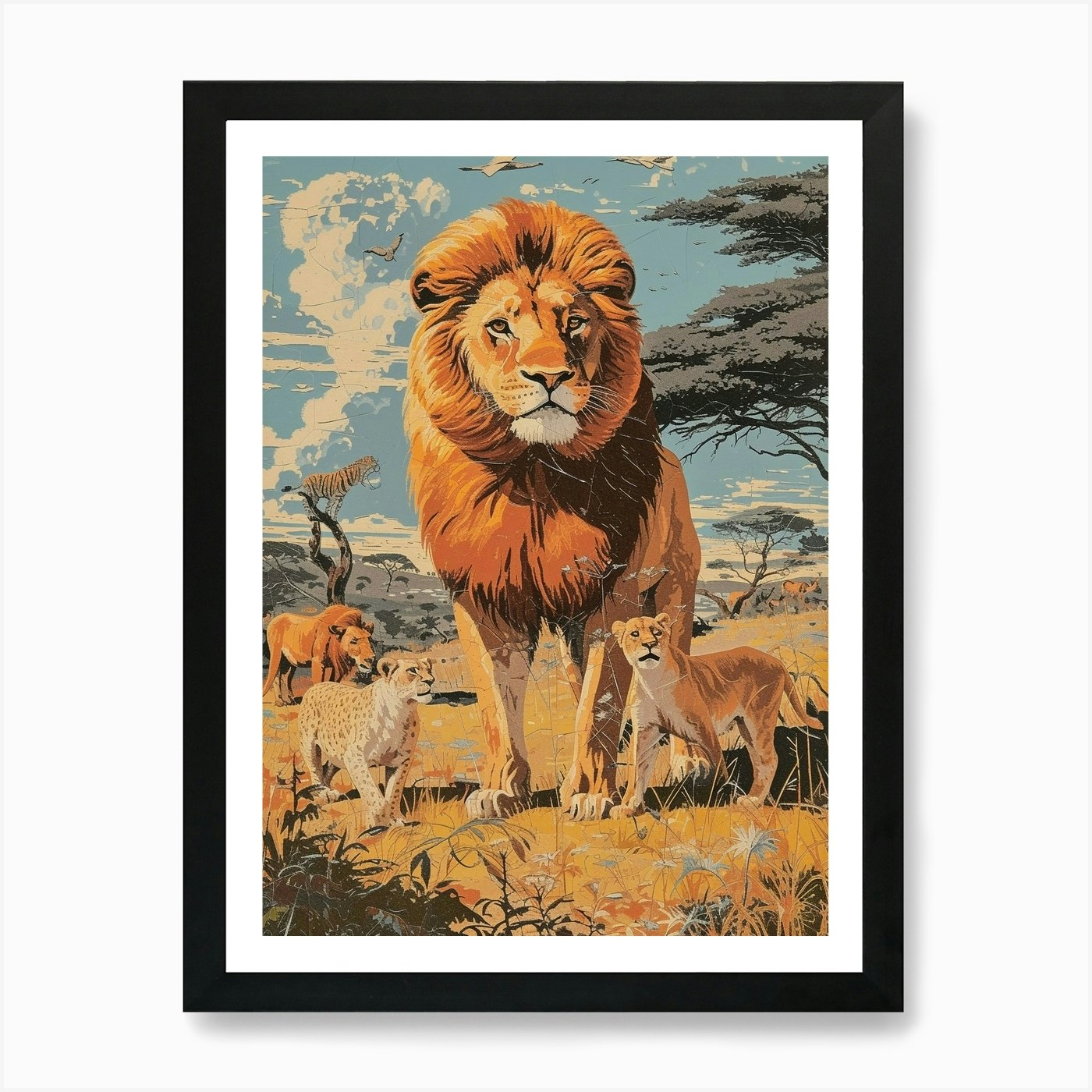 African Lion Relief Illustration In Framed Wall Art Poster Canvas Print Picture