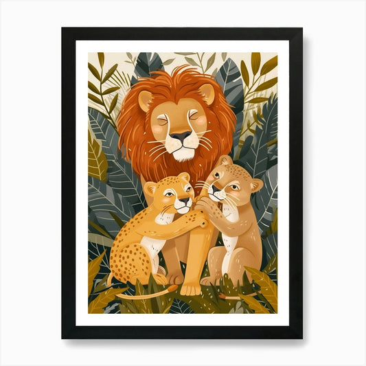African Lion Family Bonding Illustr Framed Wall Art Poster Canvas Print Picture