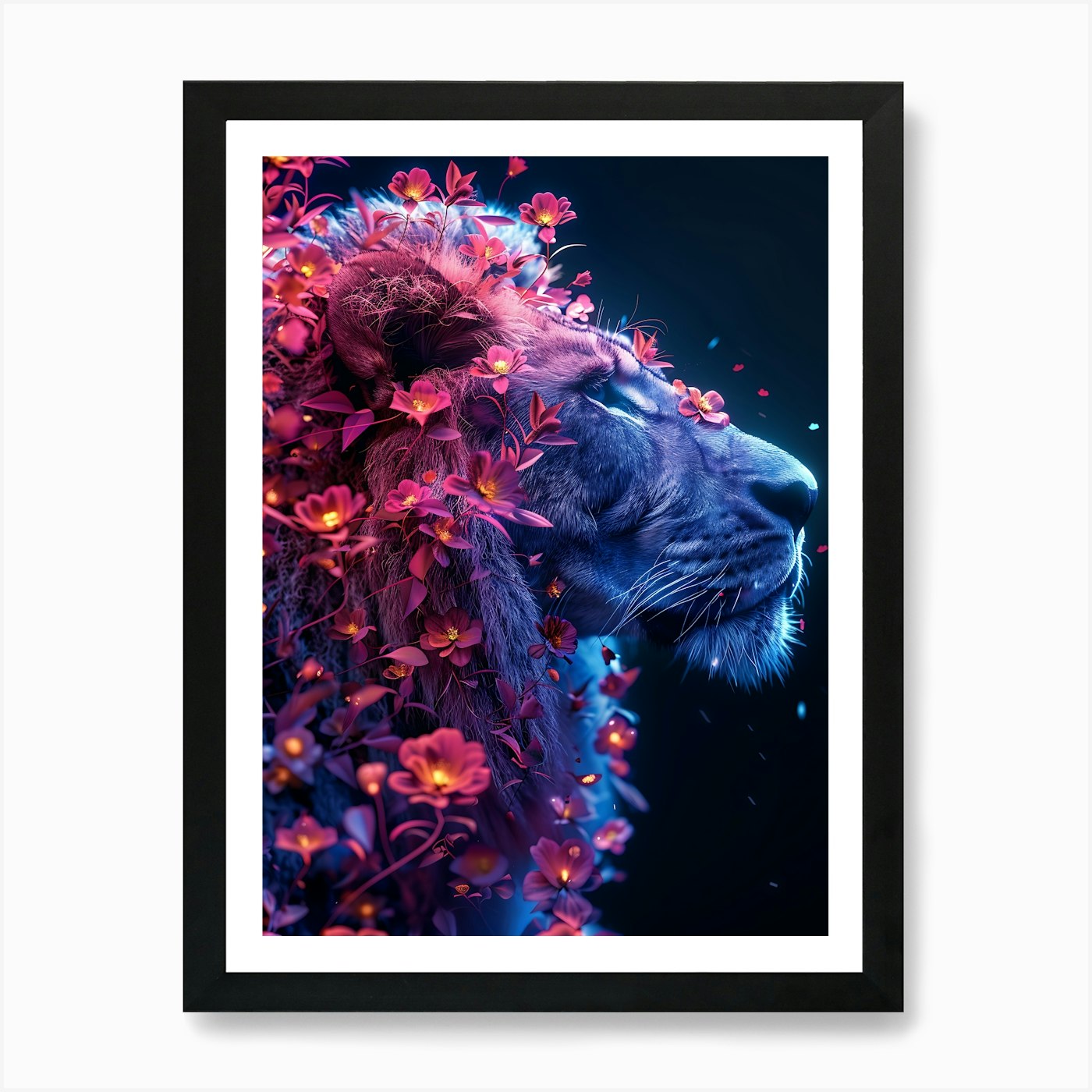 Lion Head With Flowers 1 Art Print Framed Wall Art Poster Canvas Print Picture