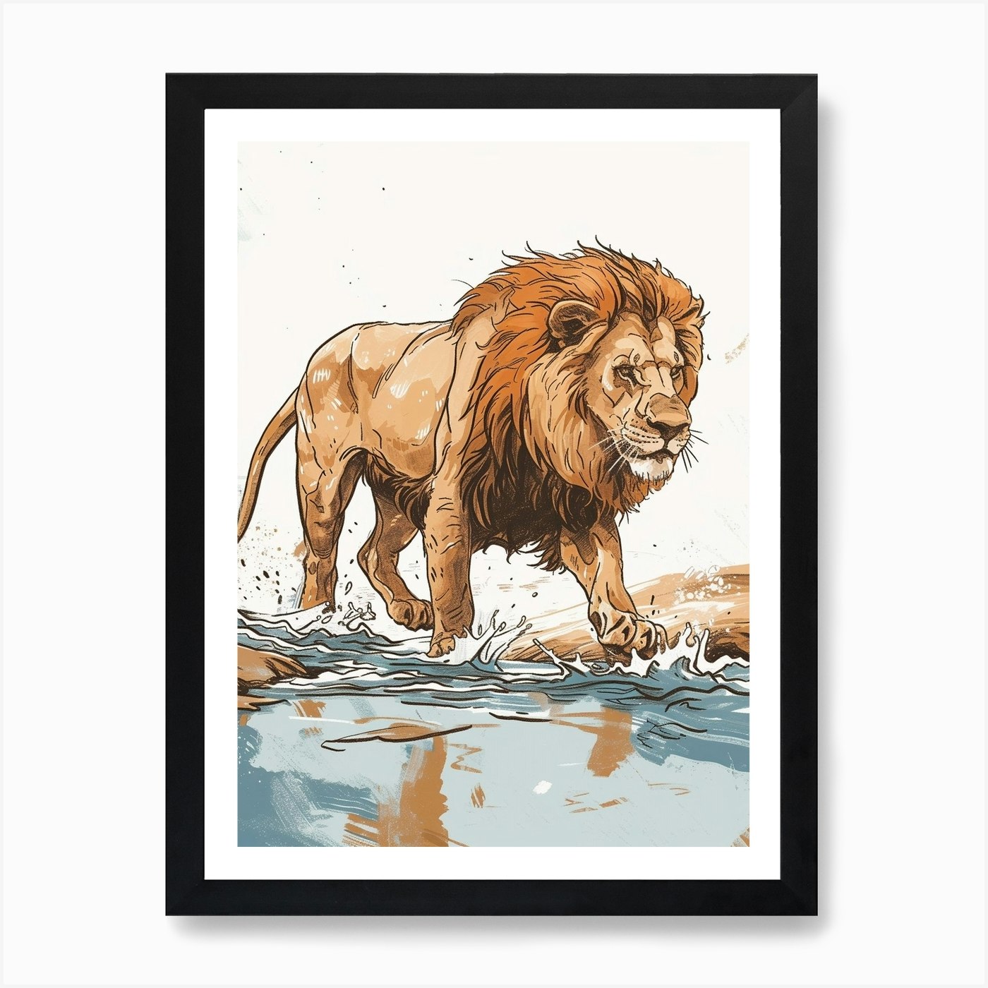 Barbary Lion Crossing A River Acryl Framed Wall Art Poster Canvas Print Picture