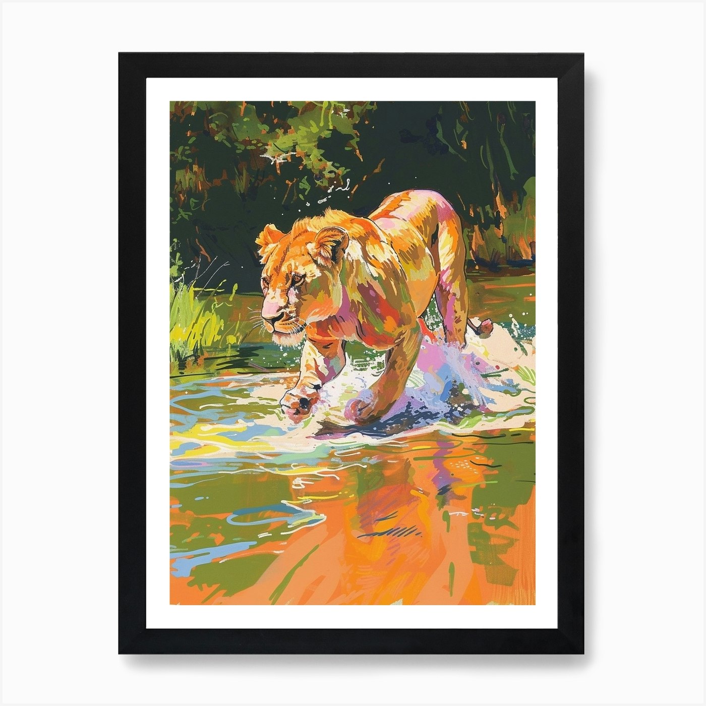 Transvaal Lion Crossing A River Fau Framed Wall Art Poster Canvas Print Picture