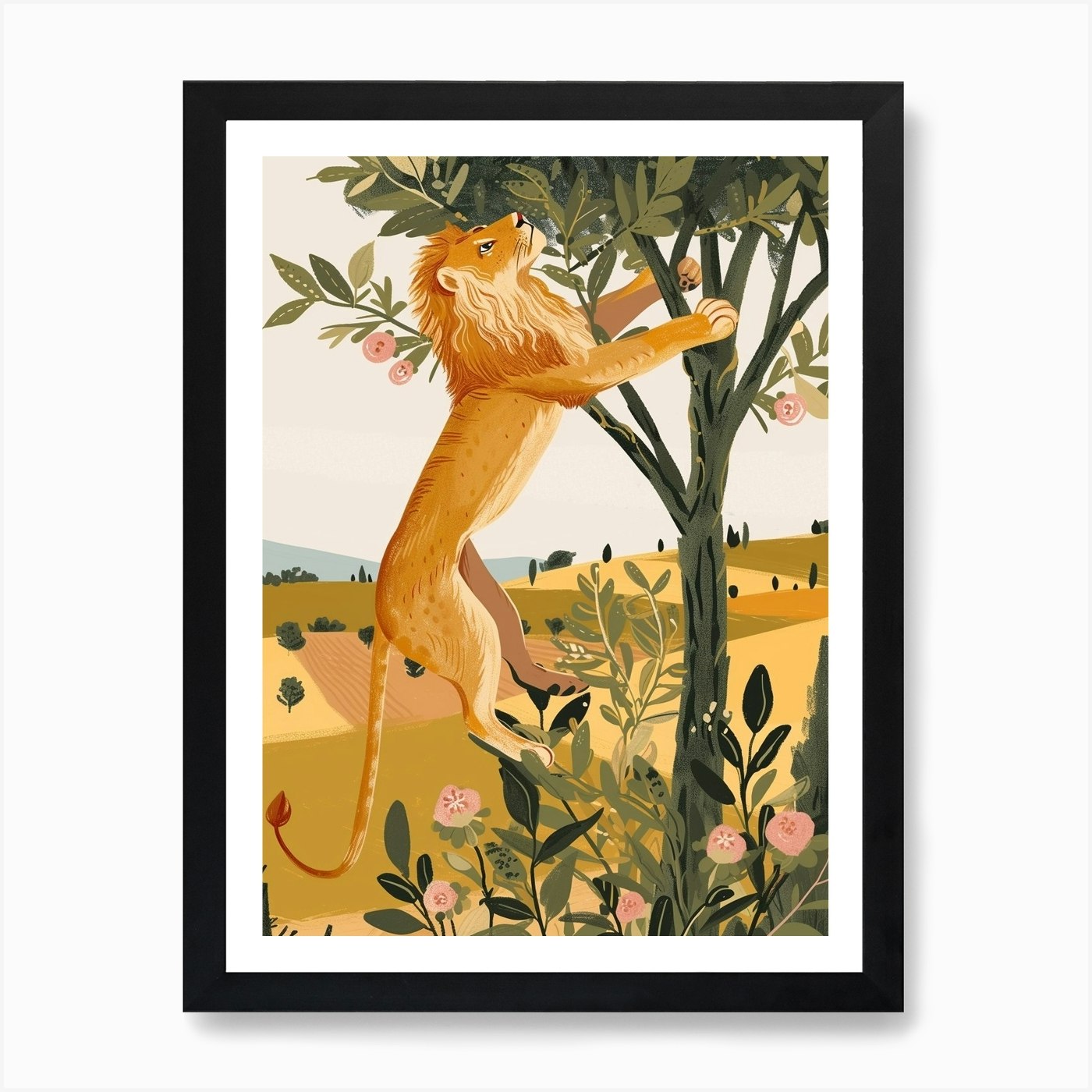 African Lion Climbing A Tree Illust Framed Wall Art Poster Canvas Print Picture