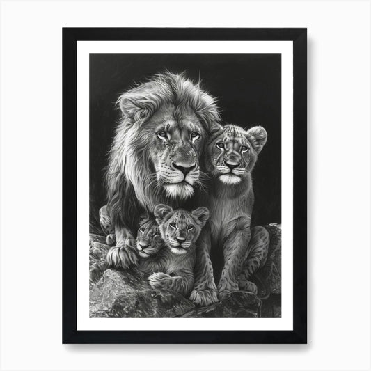 African Lion Charcoal Drawing Famil Framed Wall Art Poster Canvas Print Picture