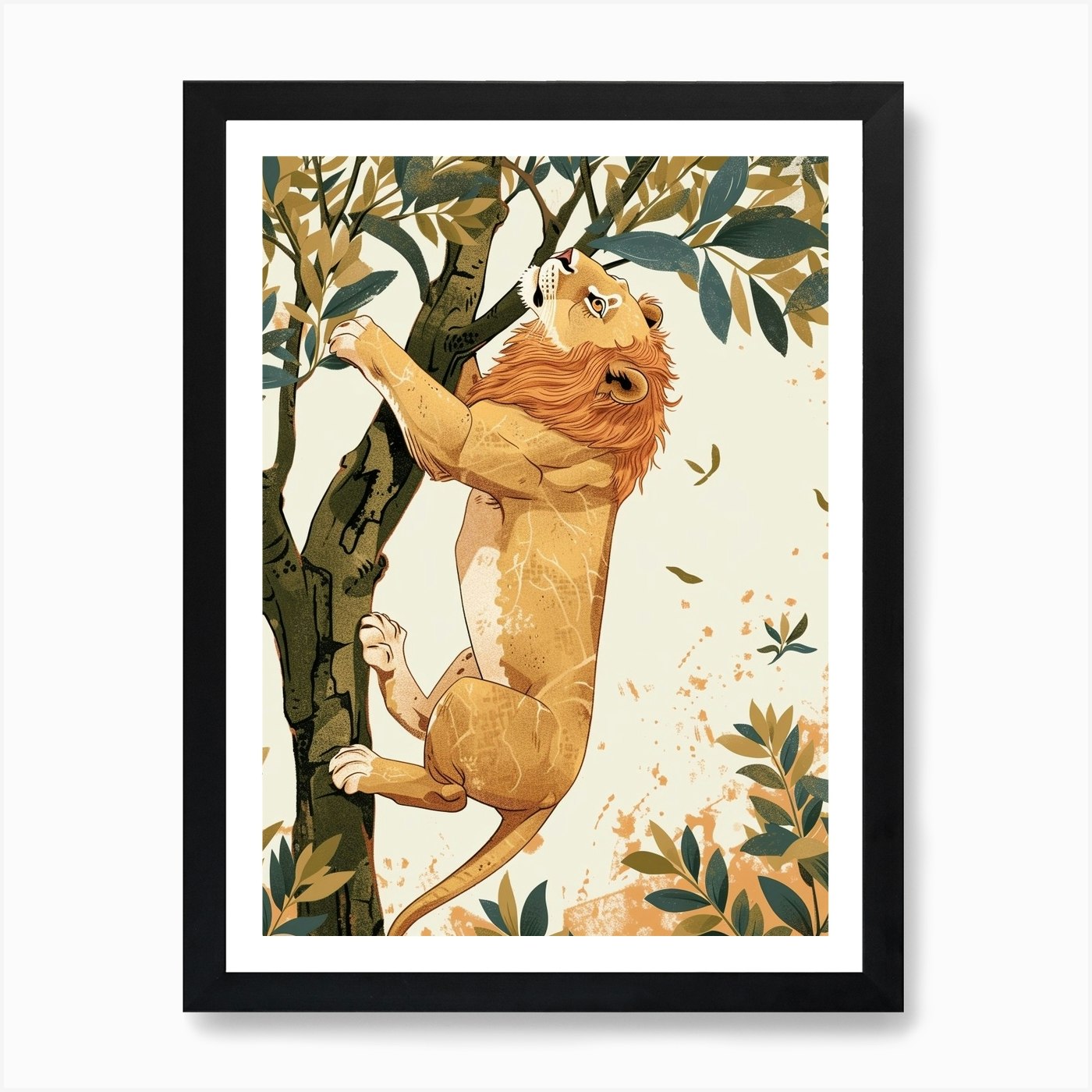 Barbary Lion Climbing A Tree Illust Framed Wall Art Poster Canvas Print Picture