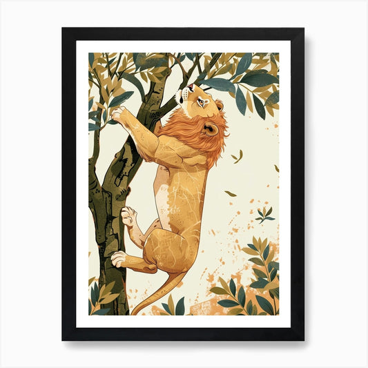 Barbary Lion Climbing A Tree Illust Framed Wall Art Poster Canvas Print Picture