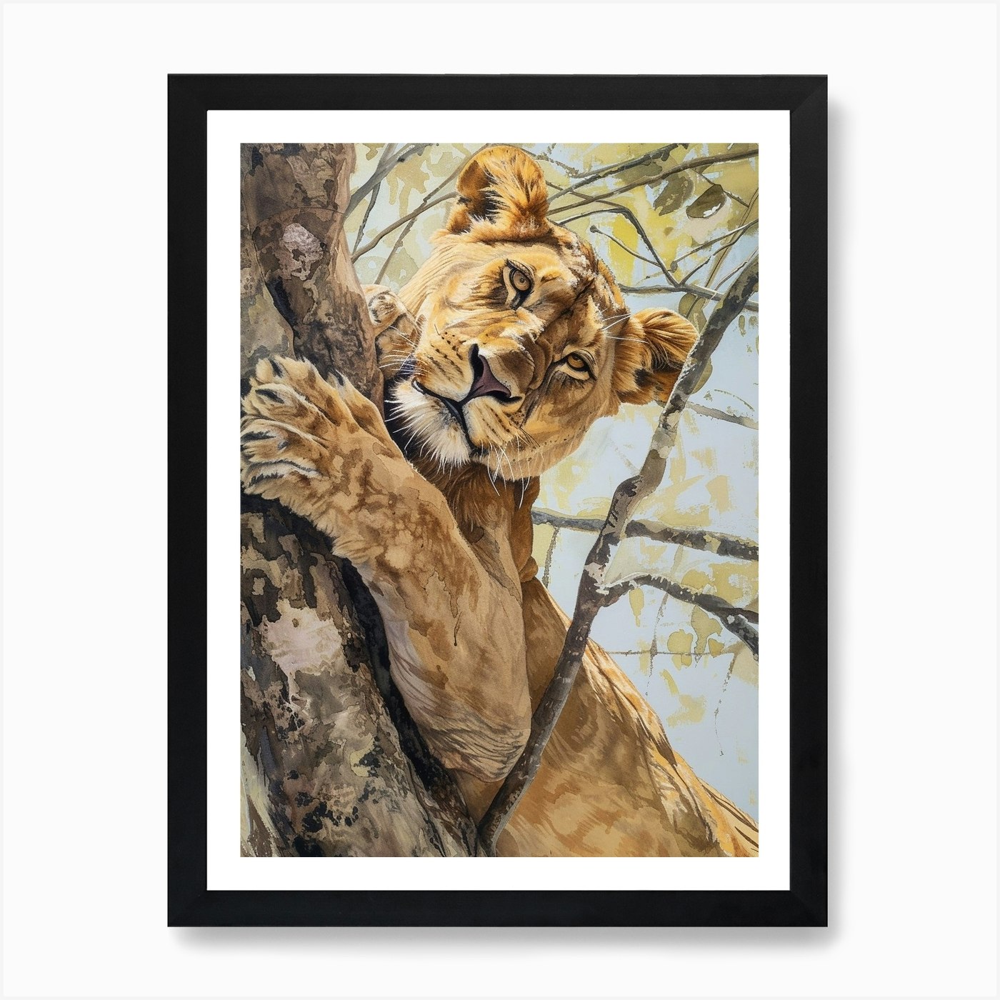 African Lion Climbing A Tree Acryli Framed Wall Art Poster Canvas Print Picture