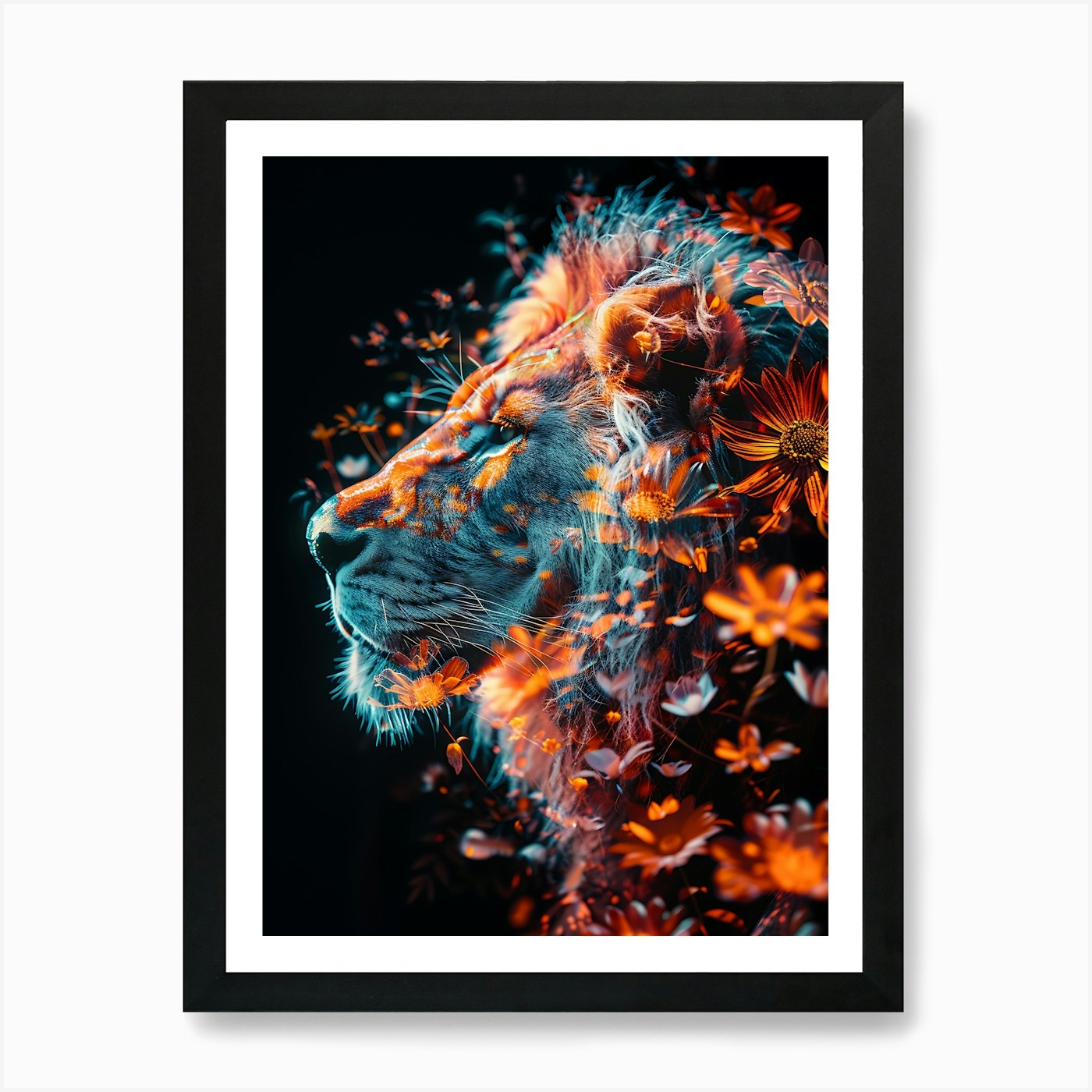 Lion With Flowers Art Print Framed Wall Art Poster Canvas Print Picture