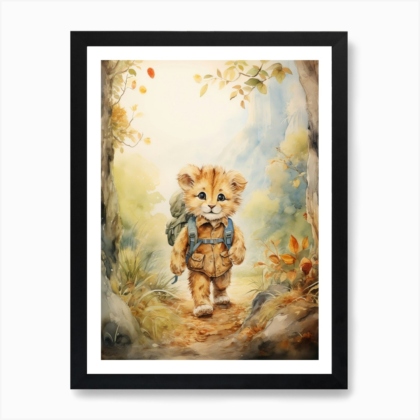 Hiking Watercolour Lion Art Paintin Framed Wall Art Poster Canvas Print Picture