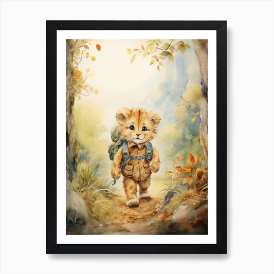Hiking Watercolour Lion Art Paintin Framed Wall Art Poster Canvas Print Picture