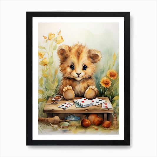 Playing Games Watercolour Lion Art  Framed Wall Art Poster Canvas Print Picture