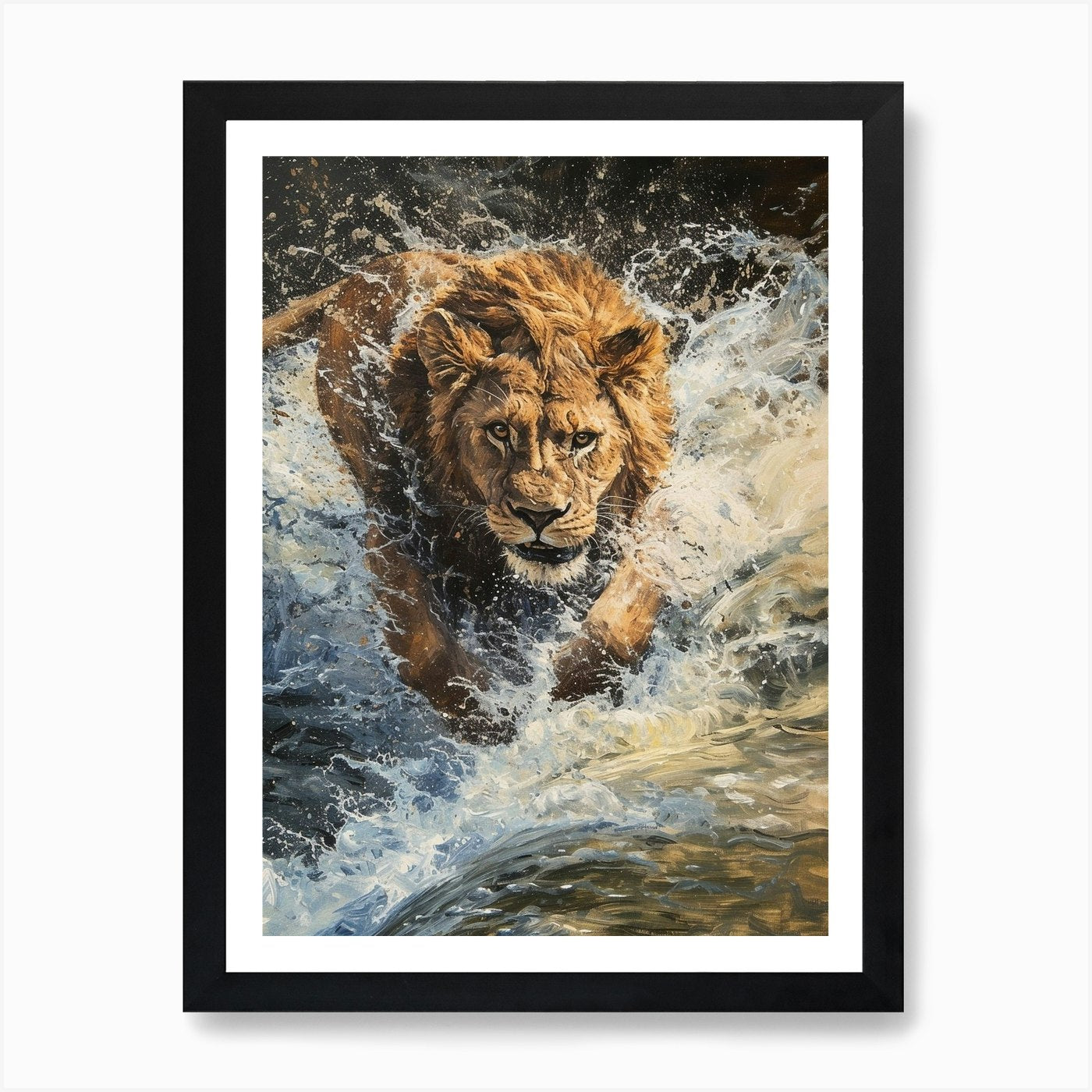 African Lion Crossing A River Acryl Framed Wall Art Poster Canvas Print Picture