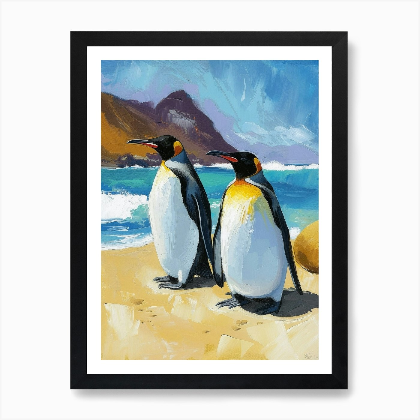King Penguin Sea Lion Island Colour Framed Wall Art Poster Canvas Print Picture