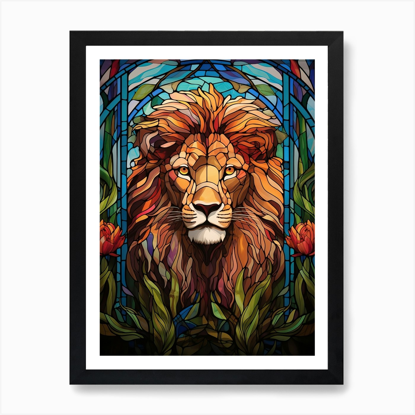Lion Art Painting Stained Glass Sty Framed Wall Art Poster Canvas Print Picture