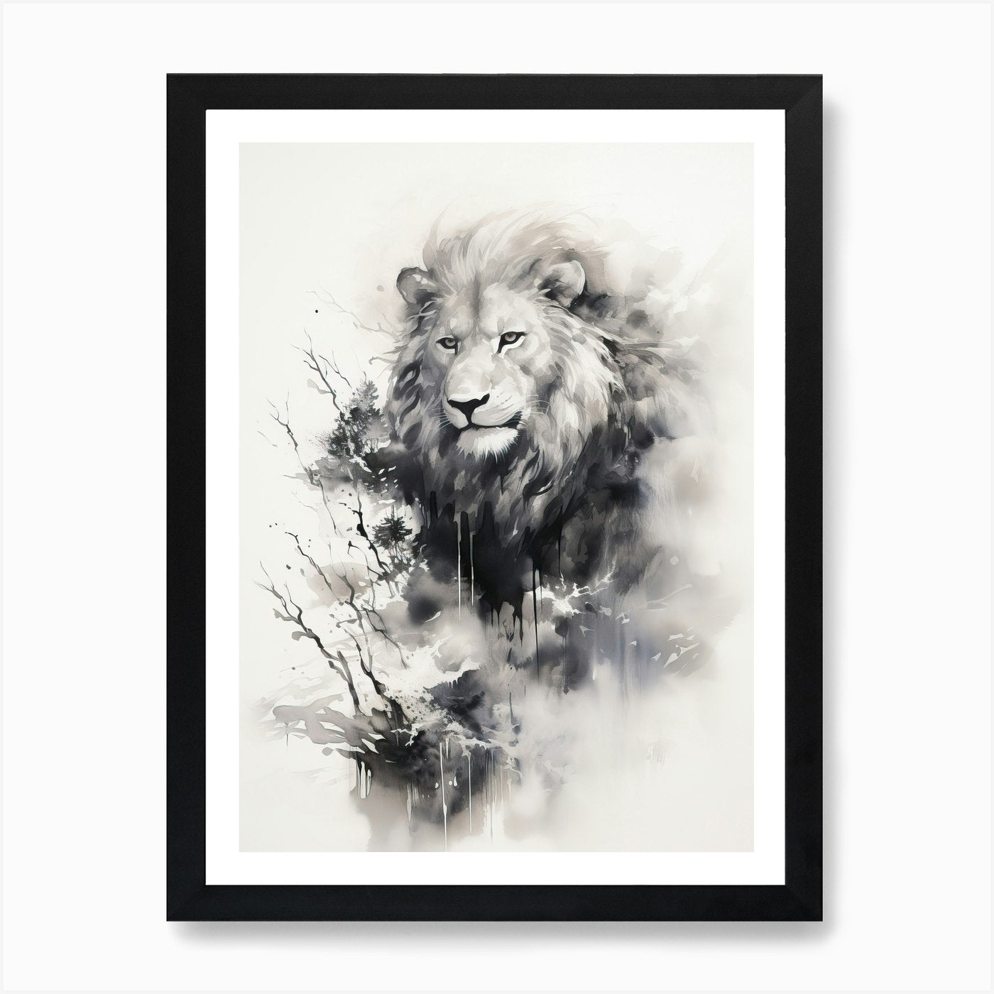 Lion Art Painting Japanese Ink Styl Framed Wall Art Poster Canvas Print Picture