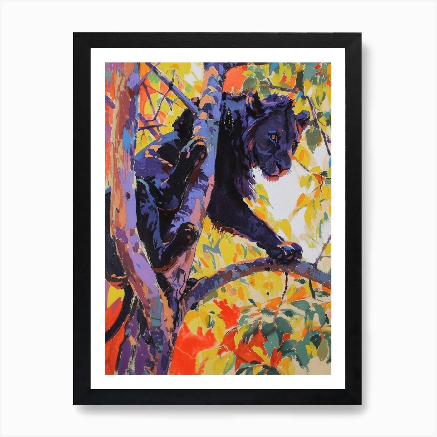 Black Lion Climbing A Tree Fauvist  Framed Wall Art Poster Canvas Print Picture