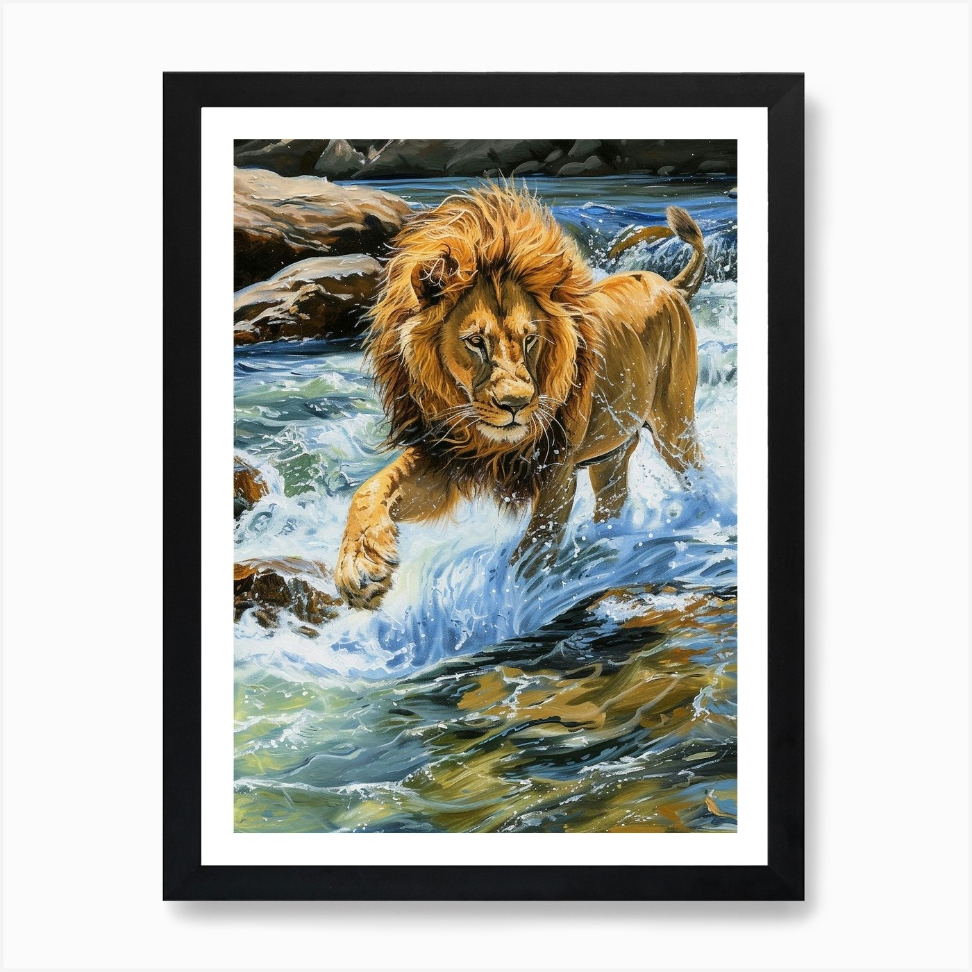 Barbary Lion Crossing A River Acryl Framed Wall Art Poster Canvas Print Picture