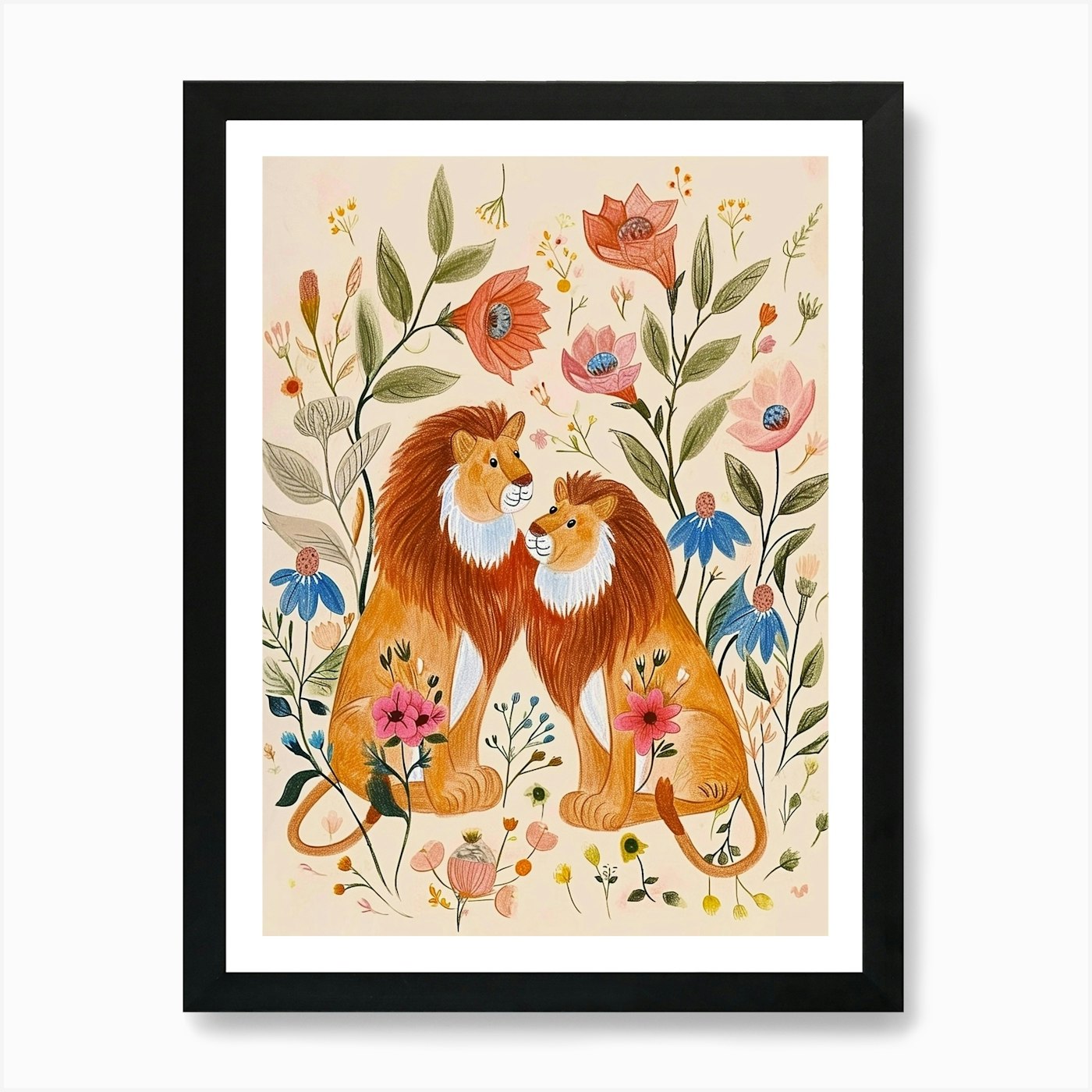 Folksy Floral Animal Drawing Lion 4 Framed Wall Art Poster Canvas Print Picture
