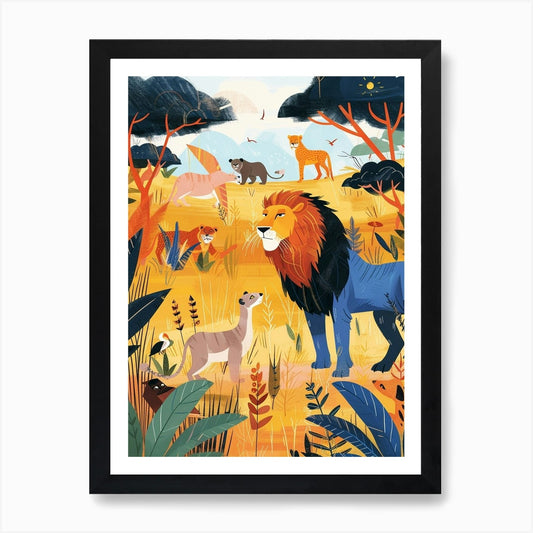African Lion Interaction With Other Framed Wall Art Poster Canvas Print Picture