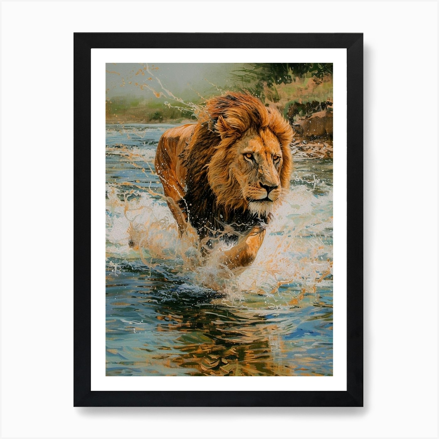 Barbary Lion Crossing A River Acryl Framed Wall Art Poster Canvas Print Picture