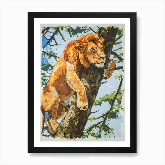Masai Lion Climbing A Tree Fauvist  Framed Wall Art Poster Canvas Print Picture