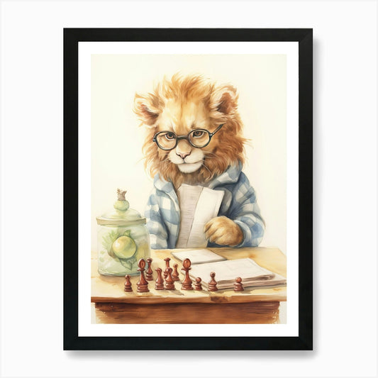 Playing Chess Watercolour Lion Art  Framed Wall Art Poster Canvas Print Picture