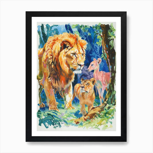 Asiatic Lion Interaction With Other Framed Wall Art Poster Canvas Print Picture