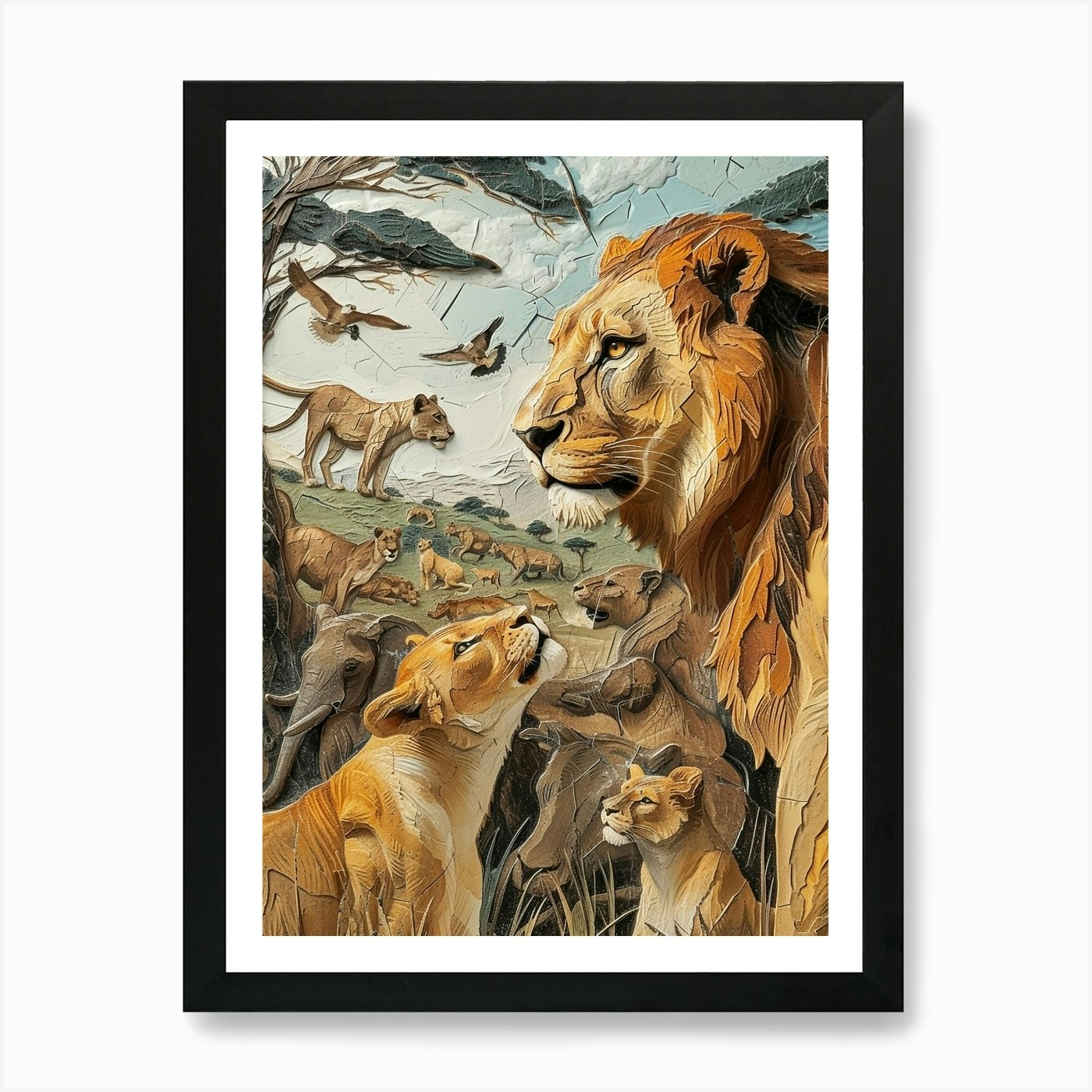 African Lion Relief Illustration In Framed Wall Art Poster Canvas Print Picture