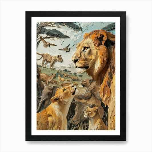 African Lion Relief Illustration In Framed Wall Art Poster Canvas Print Picture