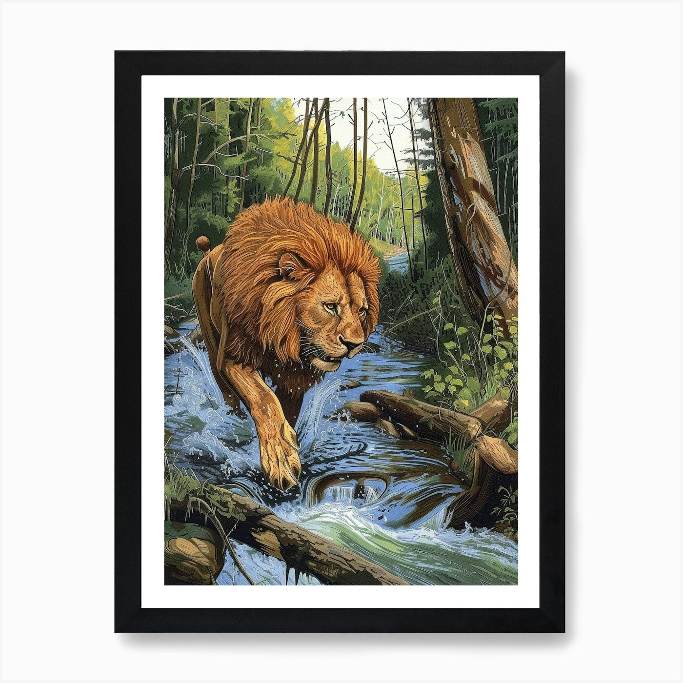 African Lion Relief Illustration Cr Framed Wall Art Poster Canvas Print Picture