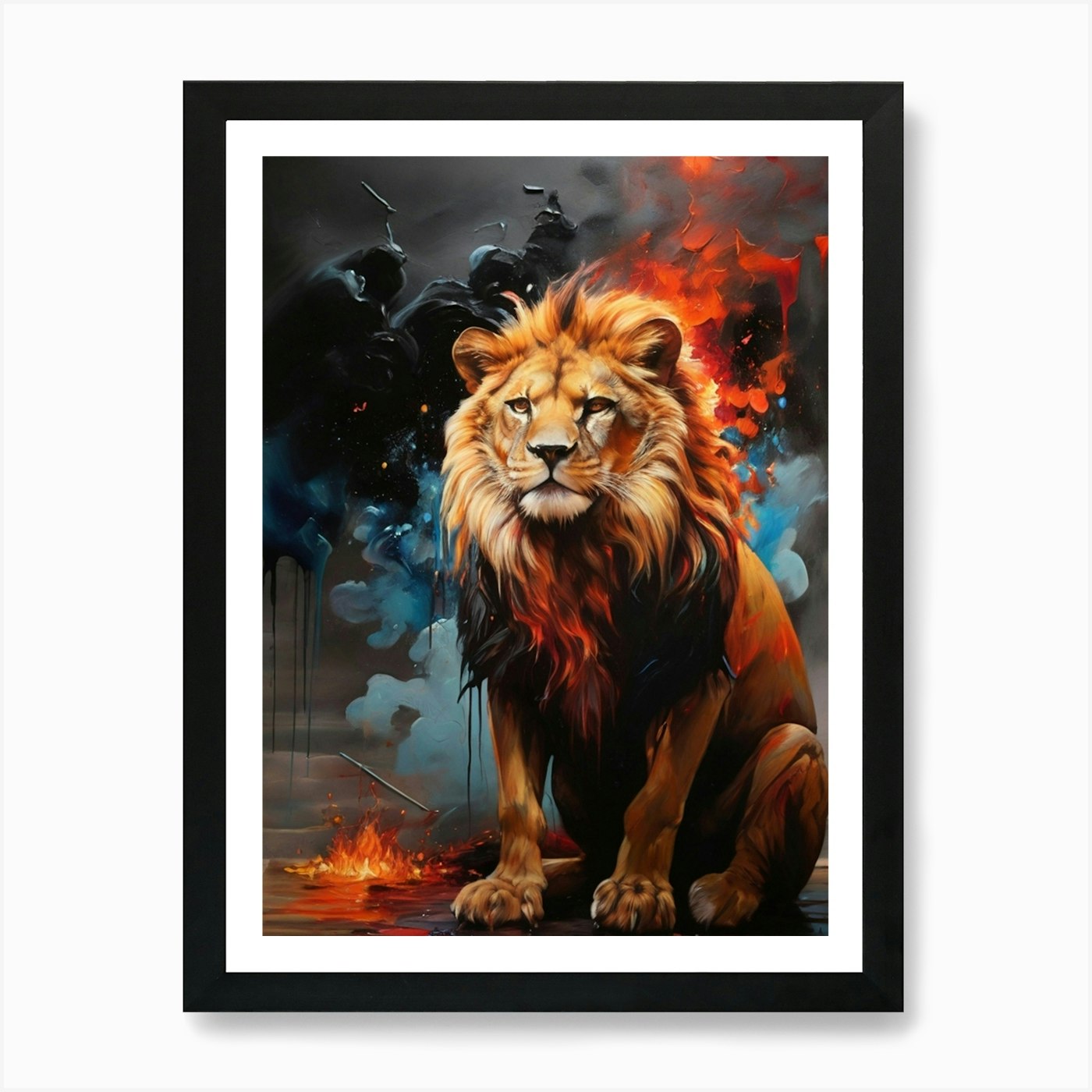 Lion In Flames painting Art Print Framed Wall Art Poster Canvas Print Picture