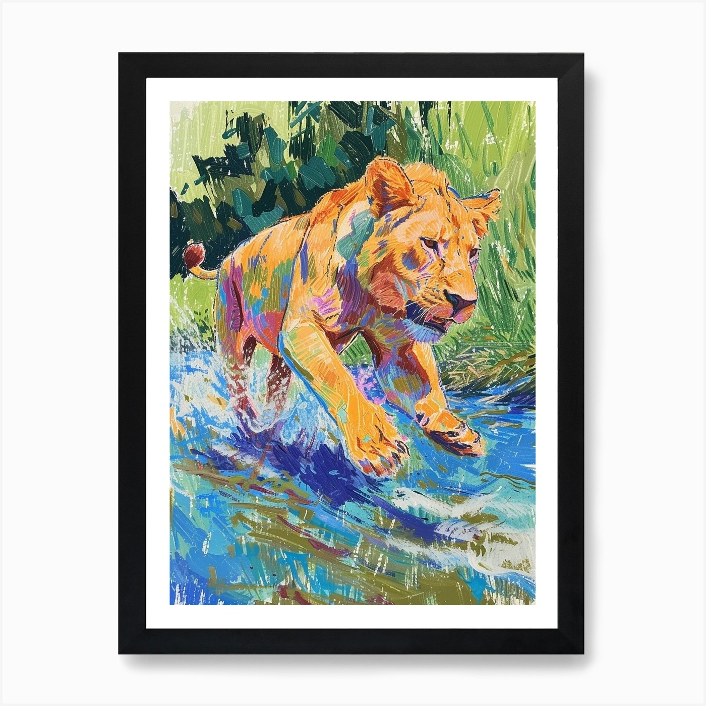 Transvaal Lion Crossing A River Fau Framed Wall Art Poster Canvas Print Picture