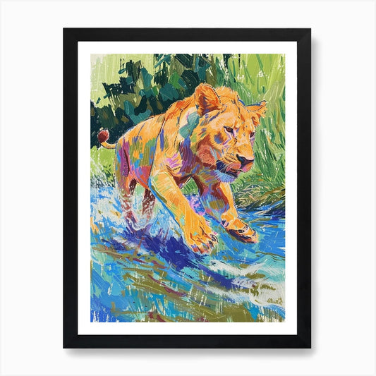 Transvaal Lion Crossing A River Fau Framed Wall Art Poster Canvas Print Picture
